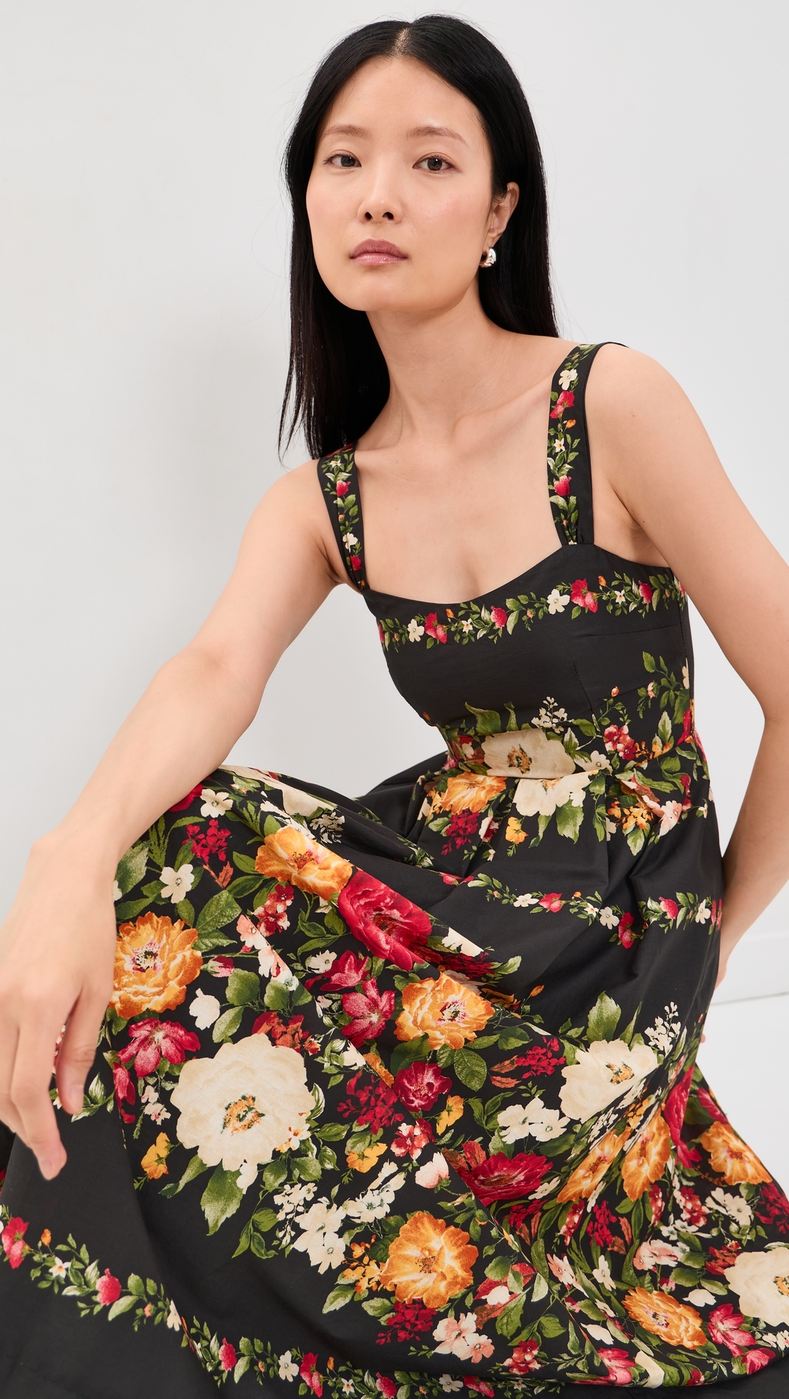 Floral Print Sweatheart Neck Midi Dress Black multi