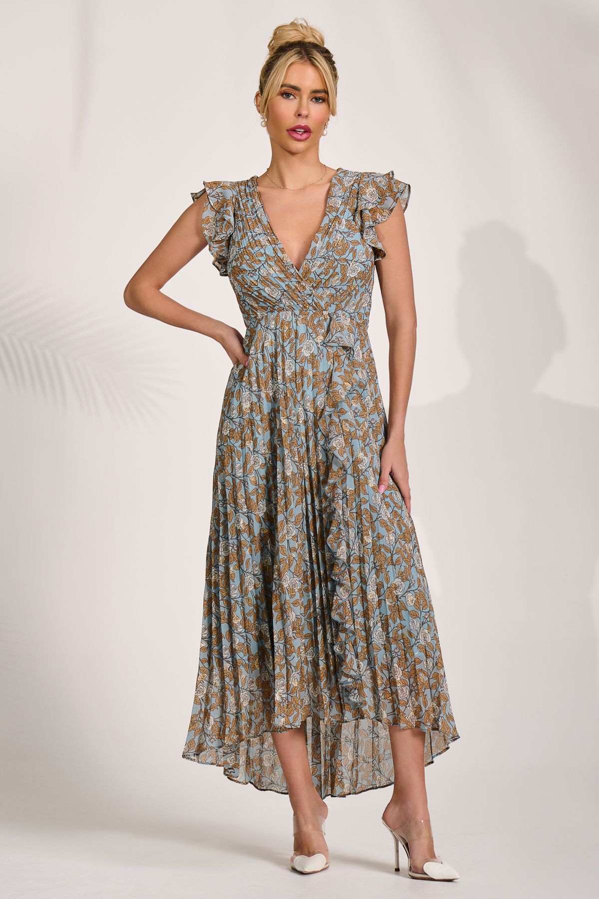 Jolie Moi Pleated Chiffon Dip Hem Maxi Dress In Blue