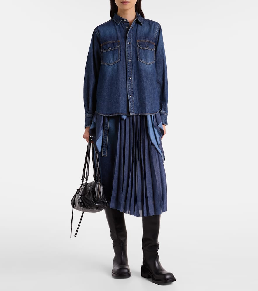 Pleated denim midi skirt