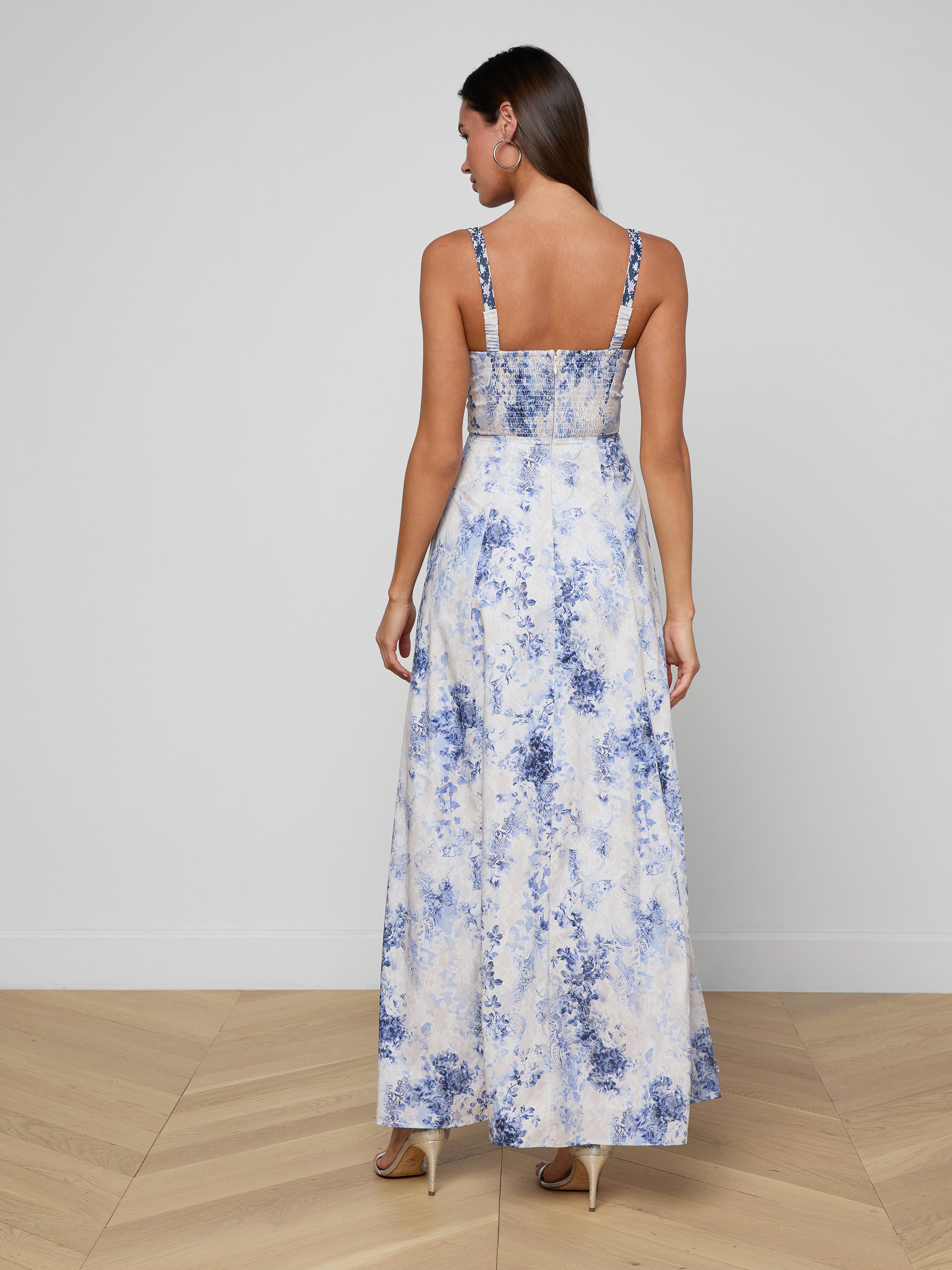 Sutton Beaded Strap Gown In Ivory/blue Watercolor Lace Paisley