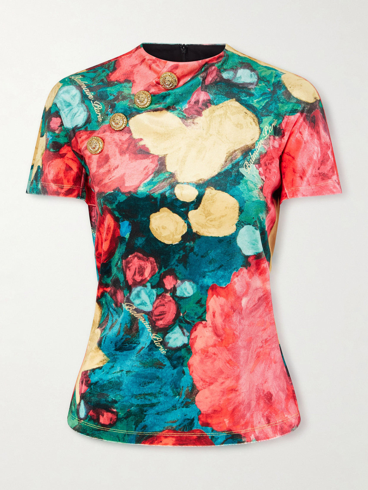 Embellished Floral-print Velvet T-shirt - Green
