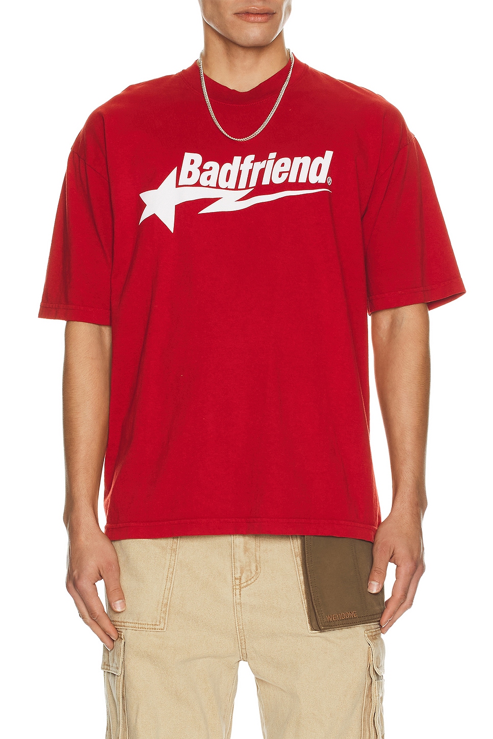 Badfriend Star Logo Tee in Red. S. Also in L, M, XL/1X