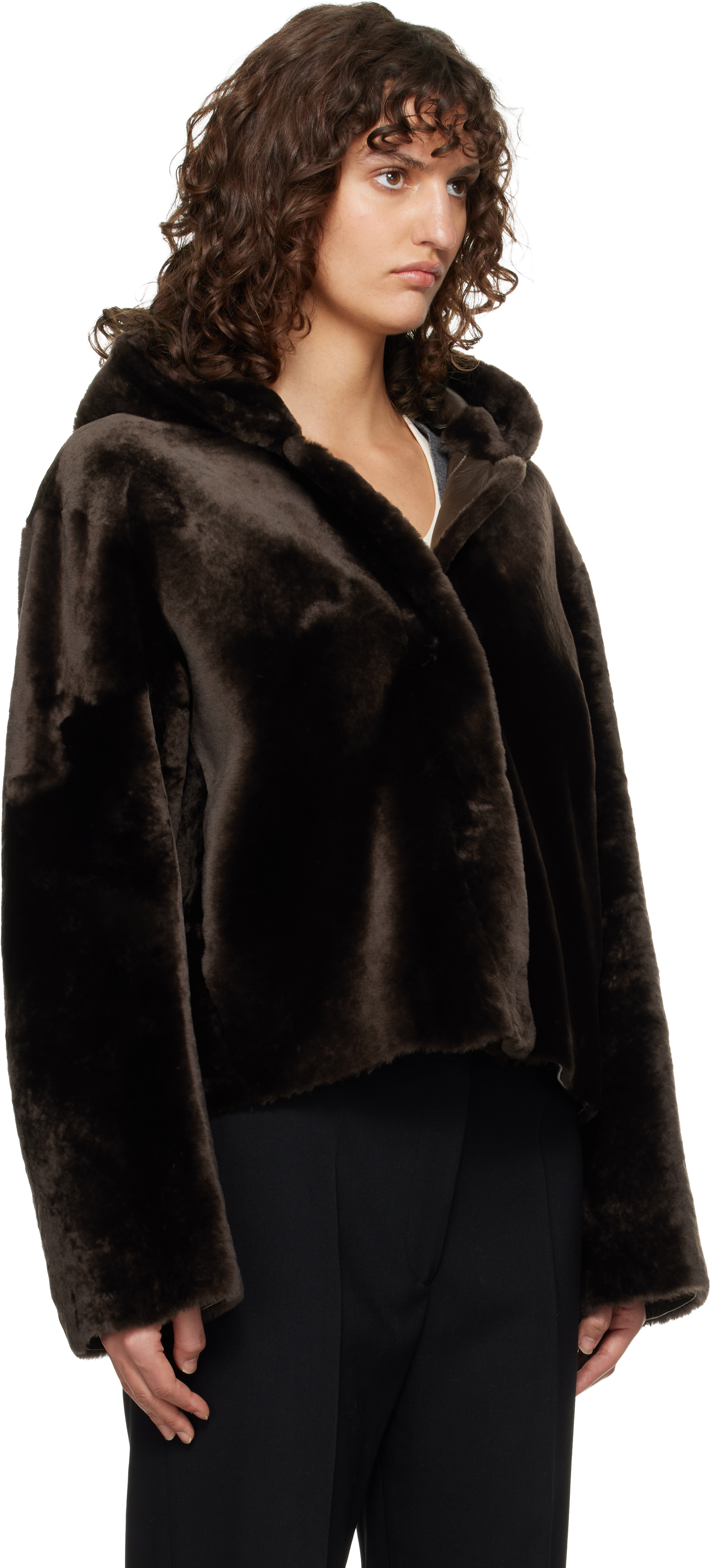 Brown Cooper Hooded Curly Shearling Jacket