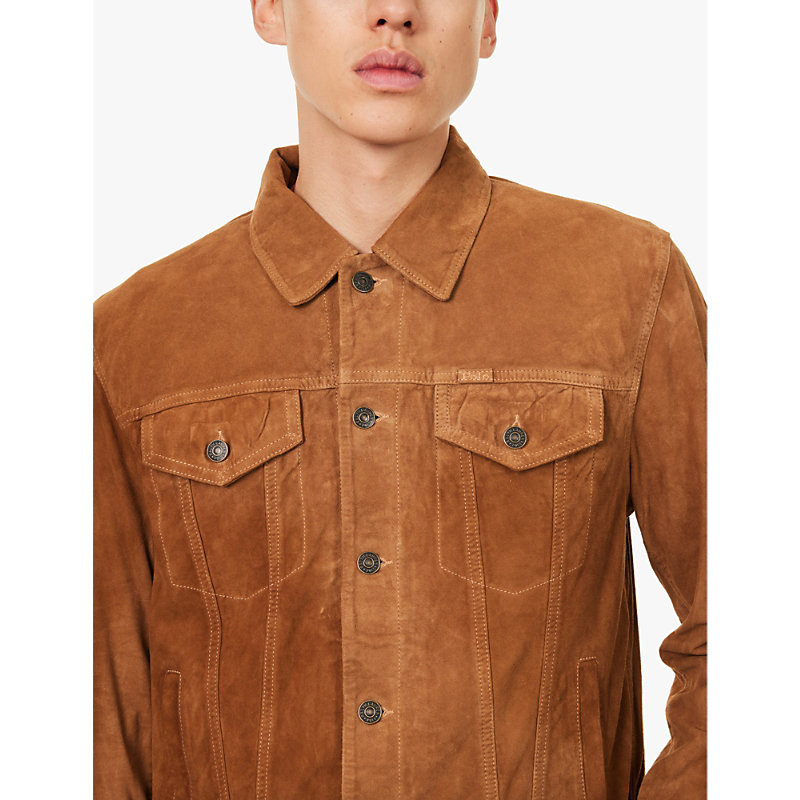 Mens Rustic Tan Spread Collar Flap Pockets Regular Fit Suede Jacket