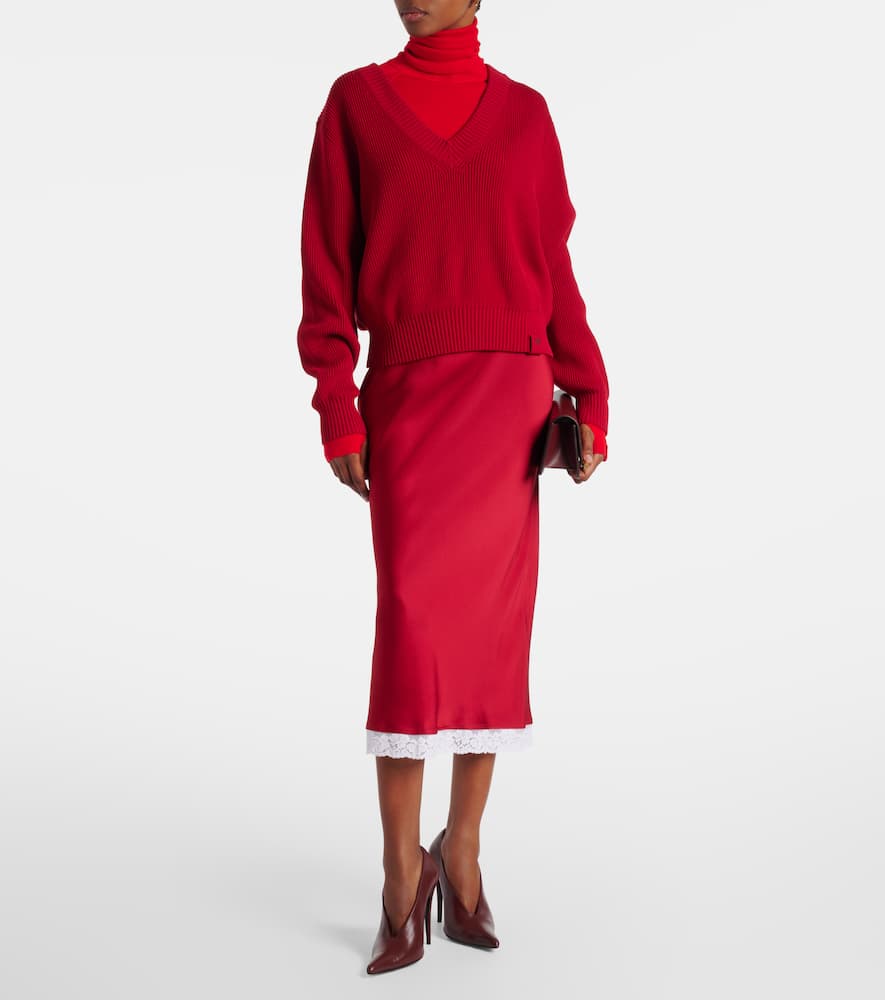 Lace-trimmed satin midi skirt