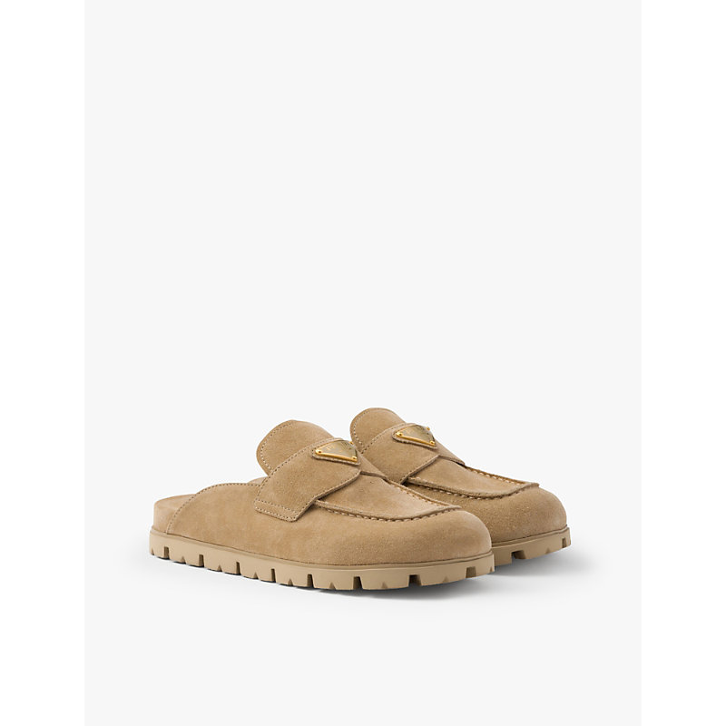 Womens Neutral Brand-plaque Suede Mules