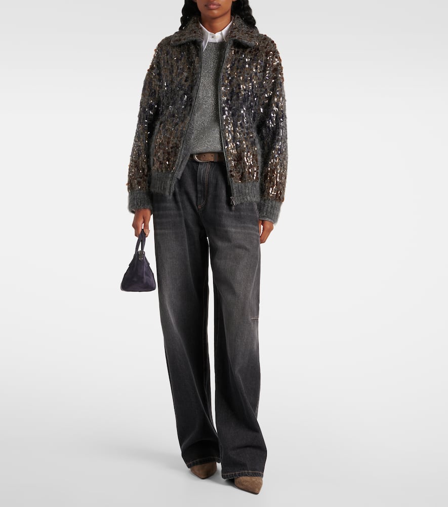 Sequined mohair-blend zip-up sweater