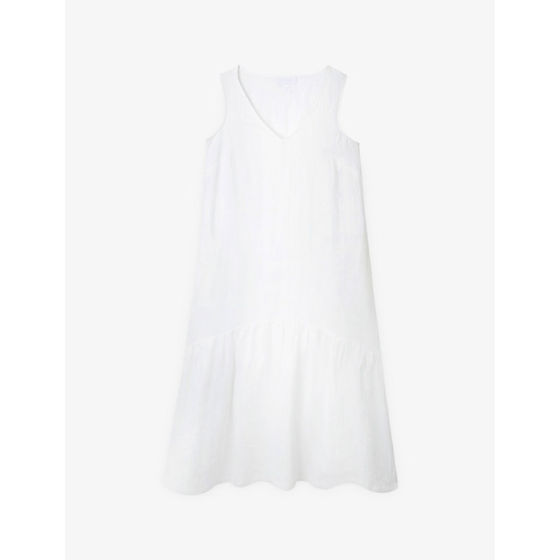 Womens White V-neck Curved-hem Linen Maxi Dress