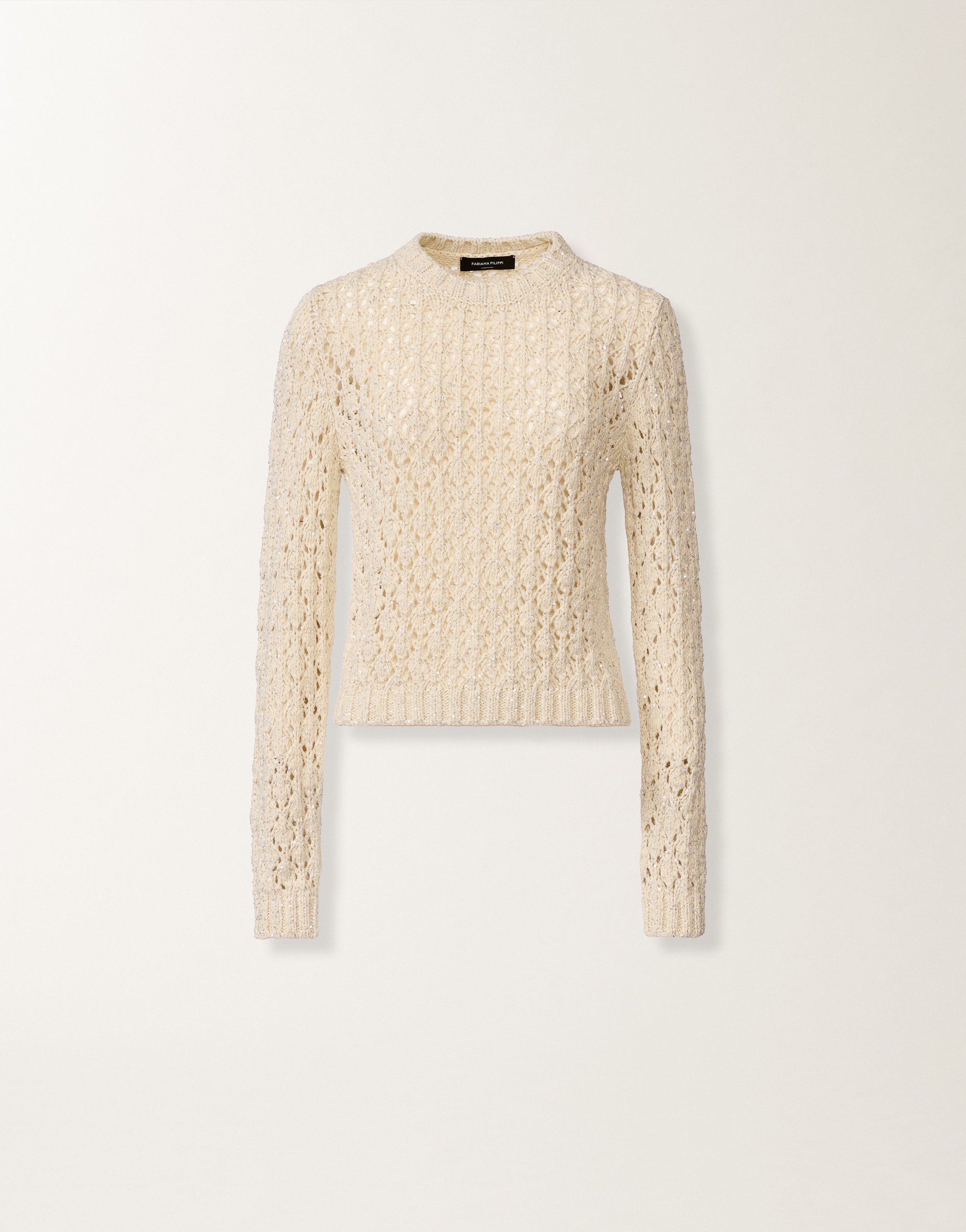 Cotton ribbon sweater with sequins, cream