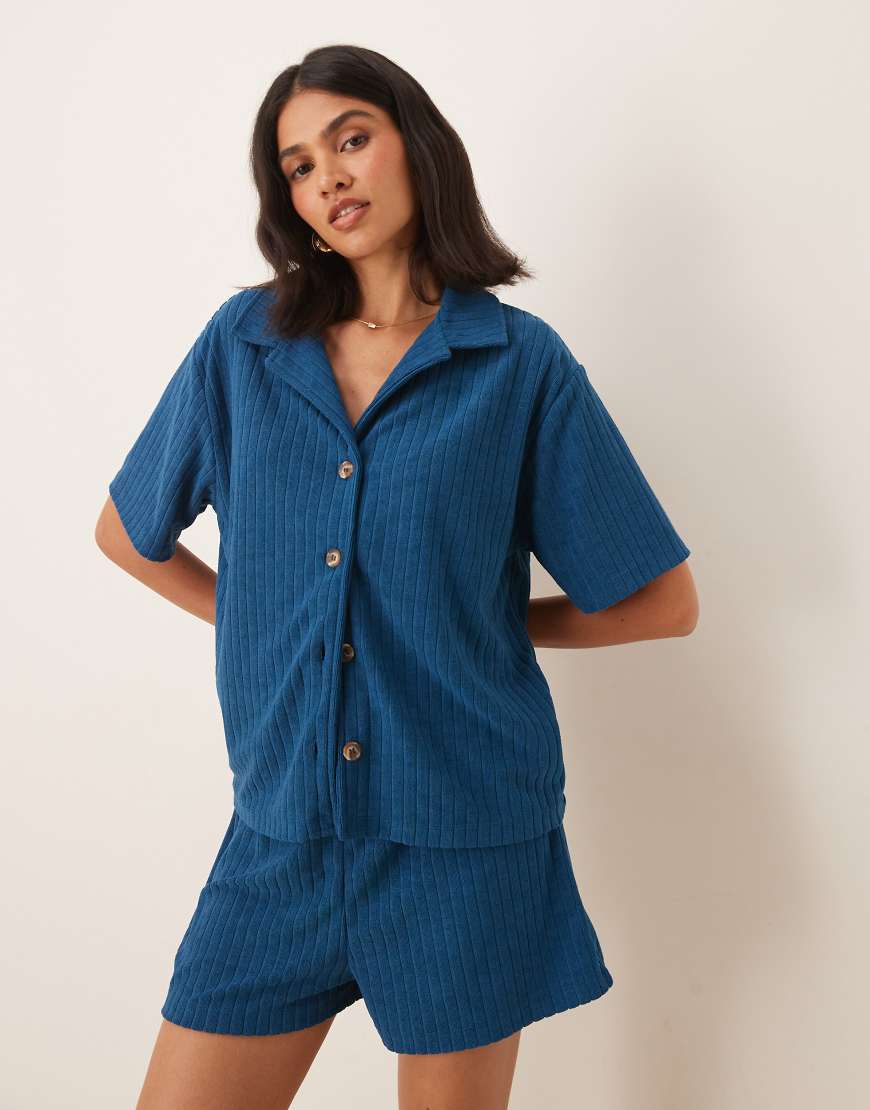 ASOS DESIGN terrycloth camp collar shirt in blue - part of a set