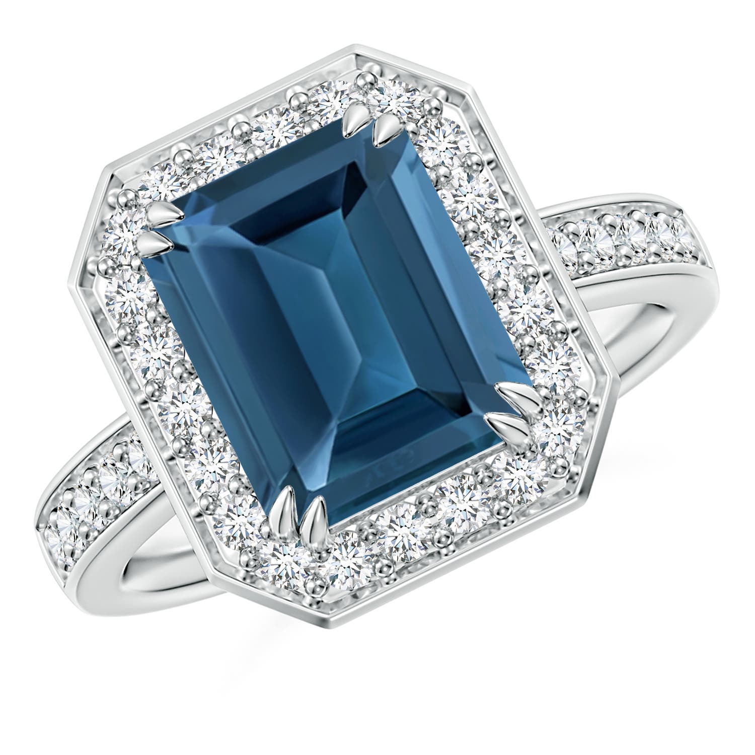 Angara 4.0 Carats Emerald-Cut London Blue Topaz Engagement Ring with Halo in Platinum