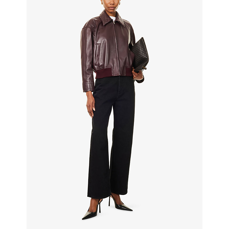 Womens Intrecciato-Collar Leather Bomber Jacket