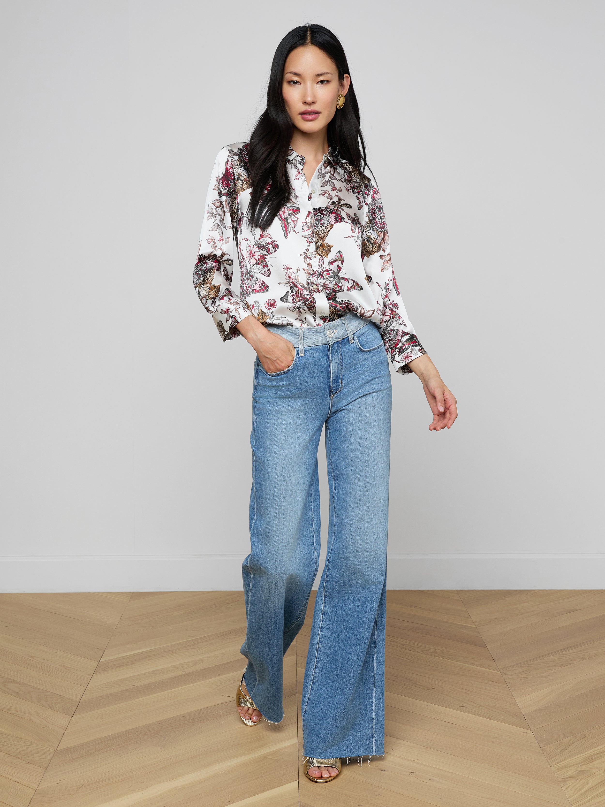 Dani Silk Blouse Top In White Multi Small Butterfly Jungle