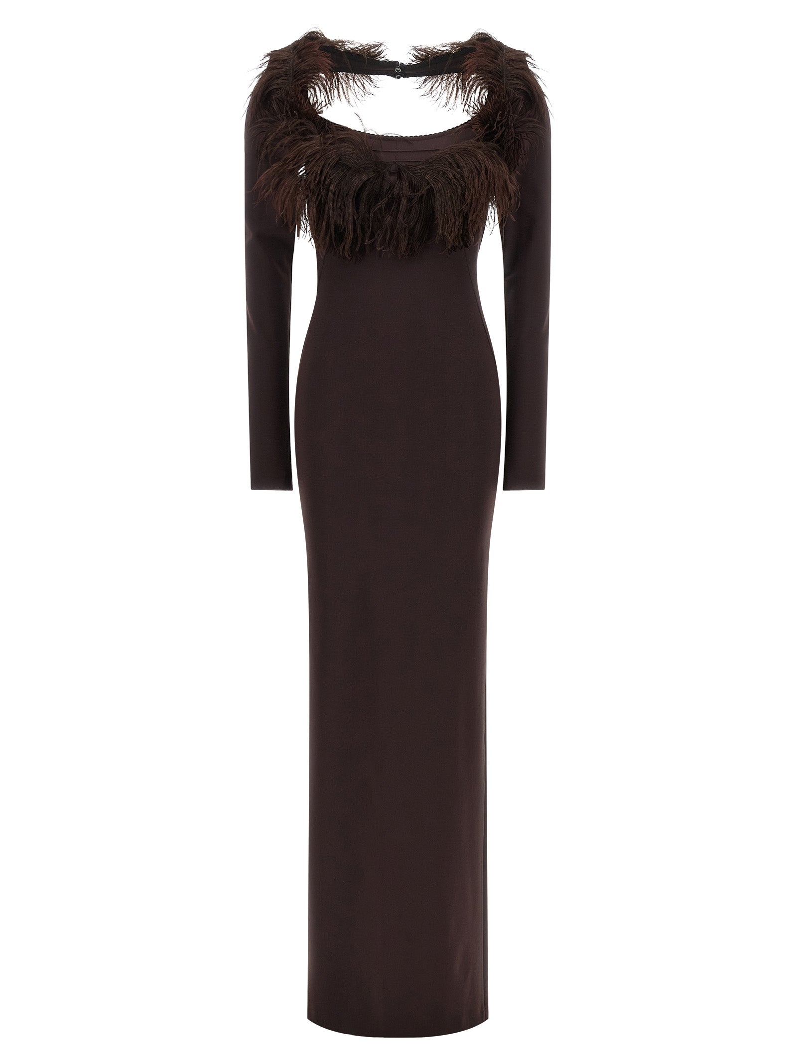 Ostrich Feather-Trimmed Viscose Dress — Brown
