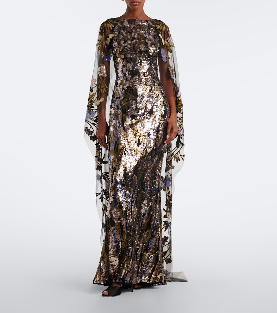 Floral sequined caped gown