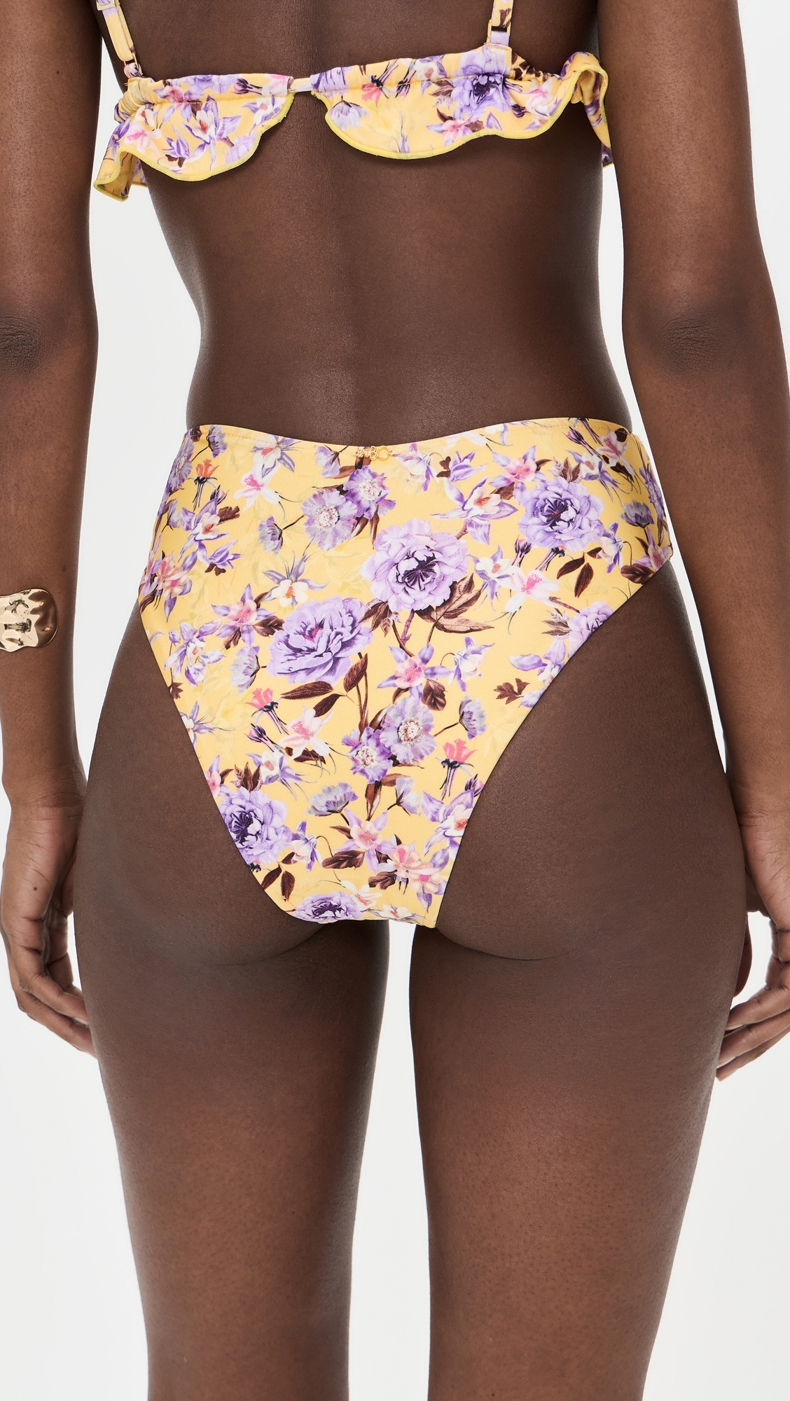 Peony Print Lycra High Waist Bikini Bottoms Yellow