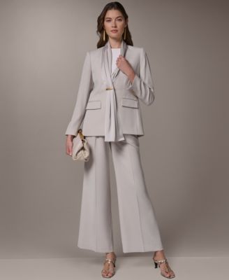 Womens Draped Necktie Fitted Blazer High Waist Wide Leg Pants