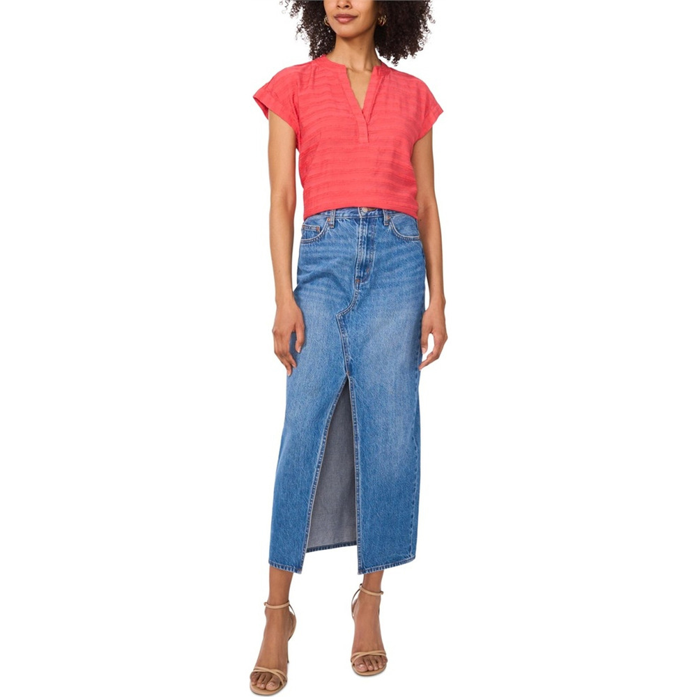 Cayenne Textured Split-Neck Cap Sleeve Top