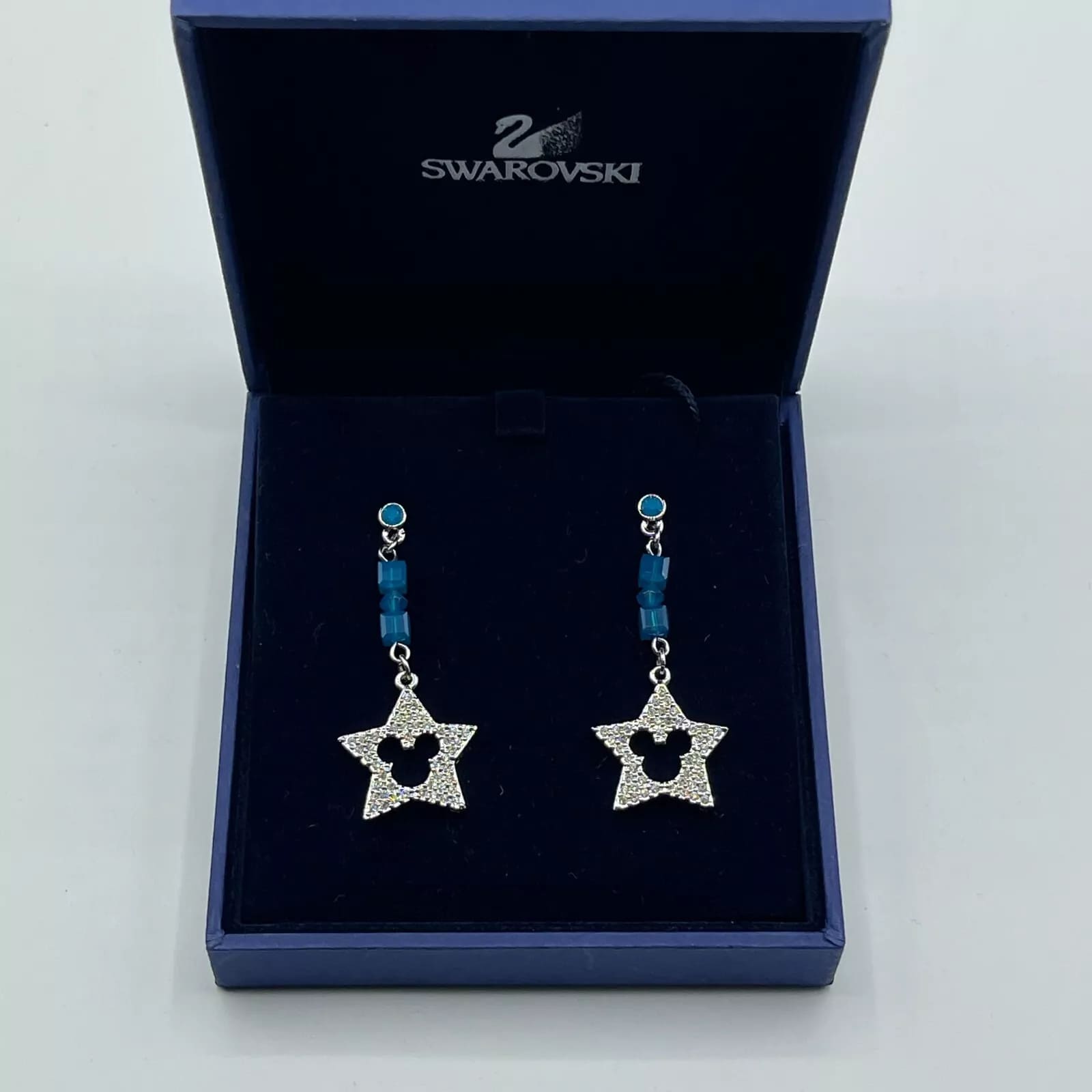 Swarovski Silver Drop Down Star Earrings with Mickey Mouse Cutout