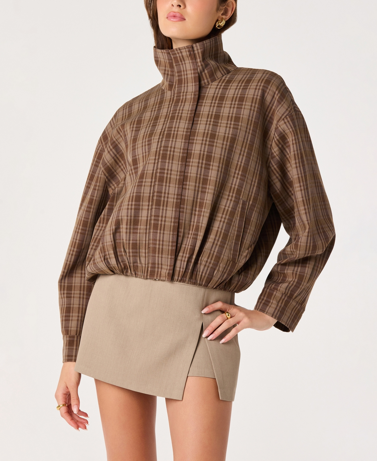 Women's Cooper Funnel Neck Jacket - Brown Plaid