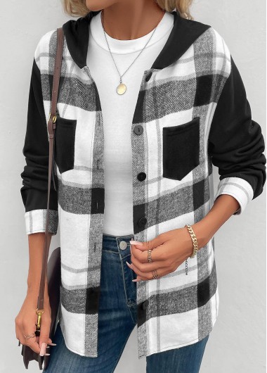 Modlily Black Patchwork Plaid Long Sleeve Hooded Coat