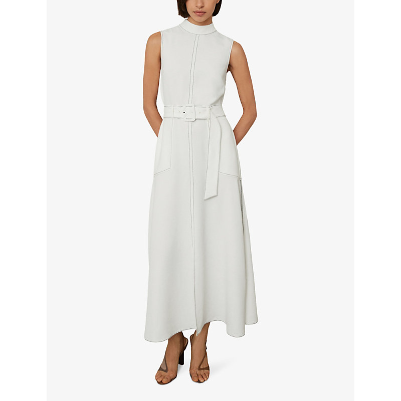 Womens Ivory Thora High-neck Belted-waist Crepe Midi Dress