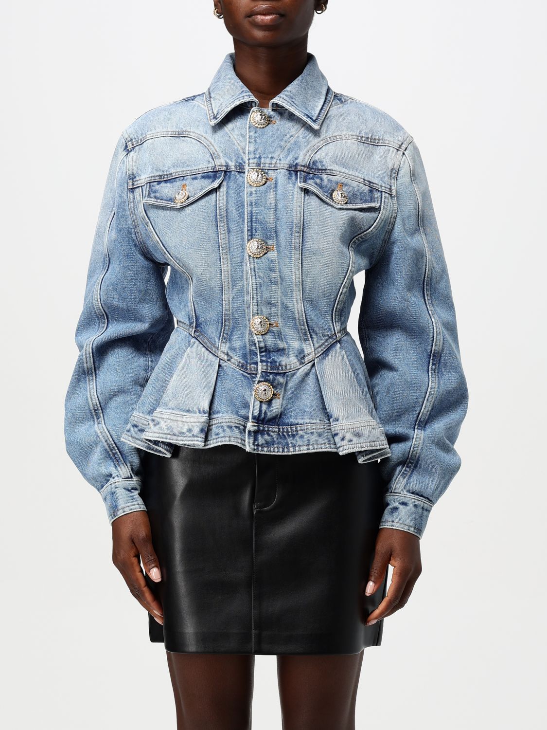 Logo-buttons pleated denim blazer - Blue