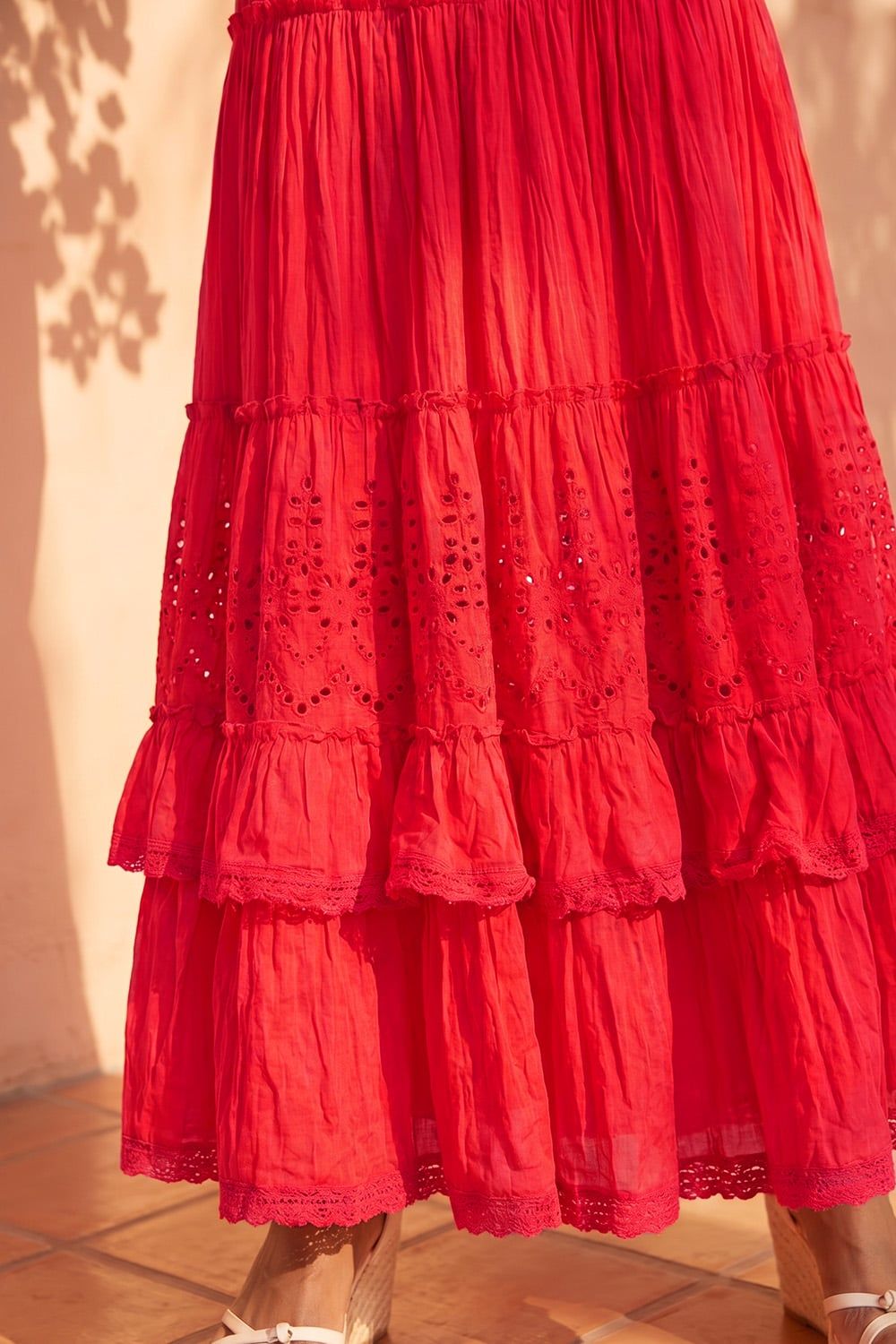 Roman Women's Broderie Tiered Maxi Skirt in Red