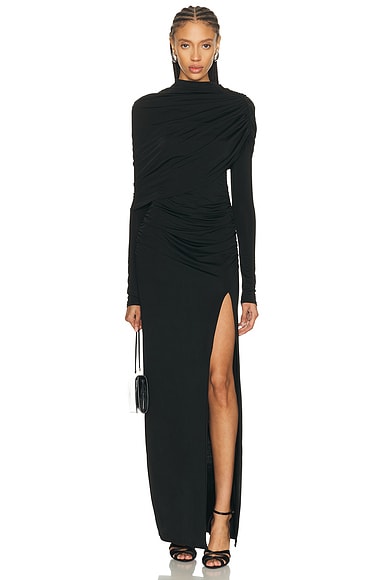 Lapointe Asymmetrical Shawl Draped Gown in Crimson. L also in