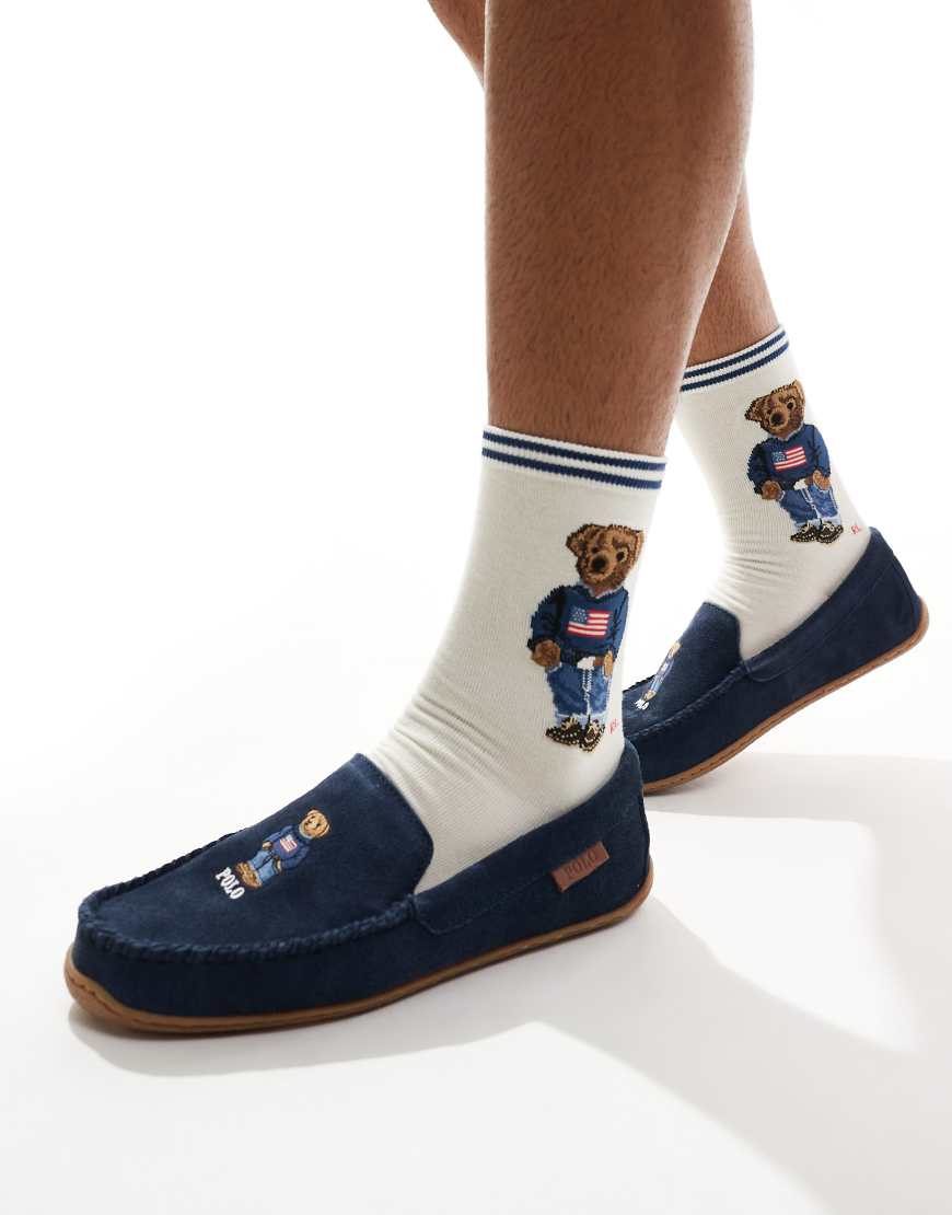 Brenan slipper with bear logo in navy suede
