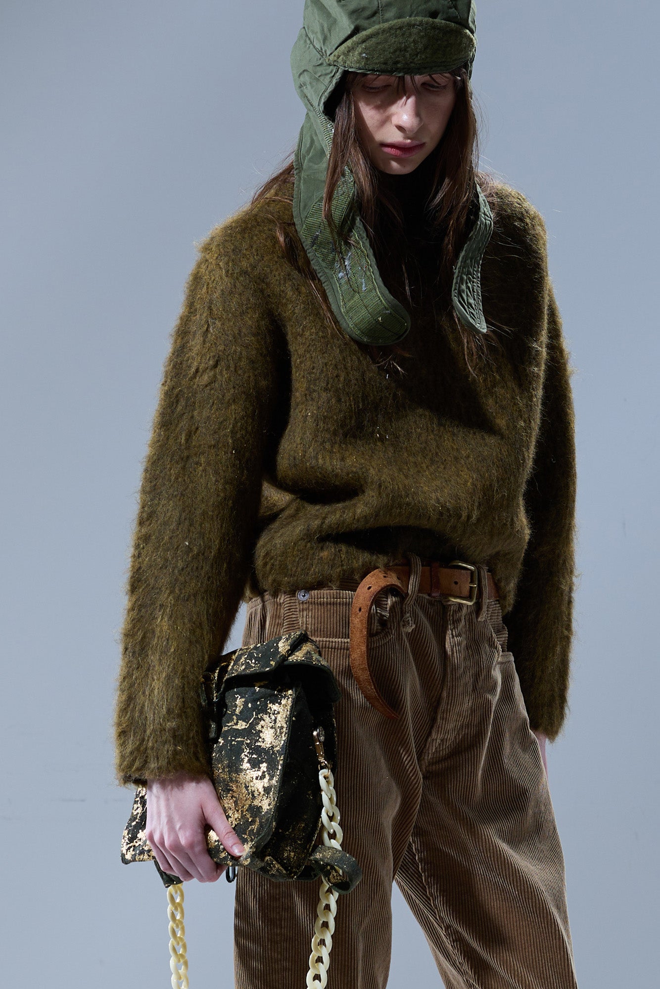 R13 Mock Collar Shrunken Sweater - Heather Olive Green