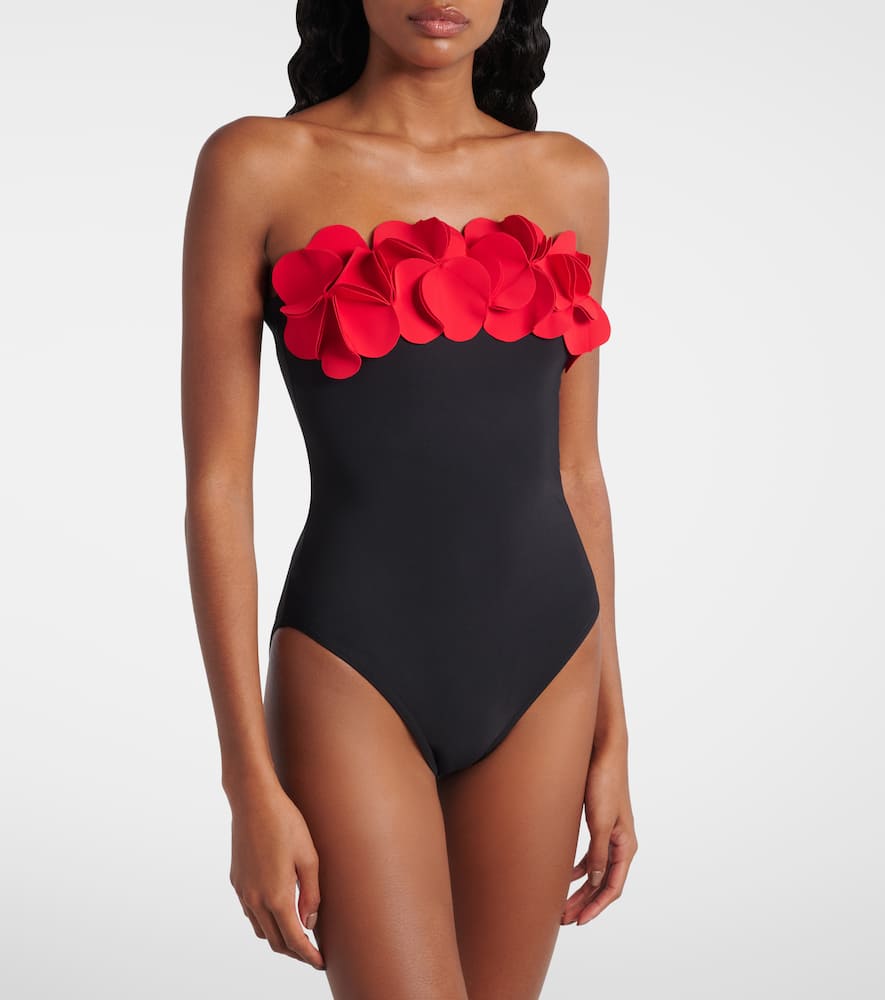 Floral-appliqué strapless swimsuit