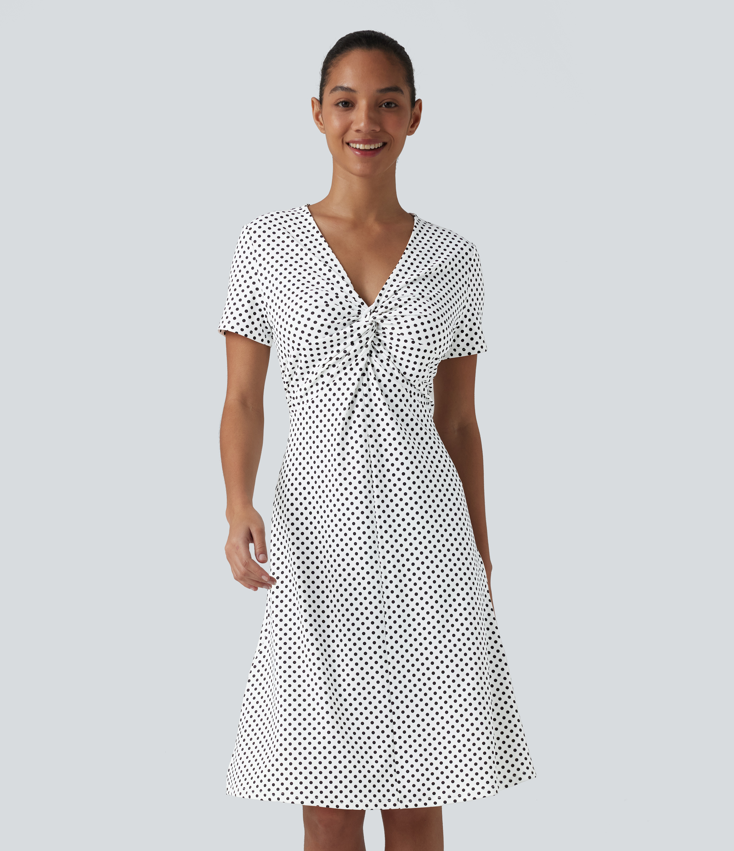 Halara V Neck Short Sleeve Polka Dot Knee Length Casual Dress - Snow Dot