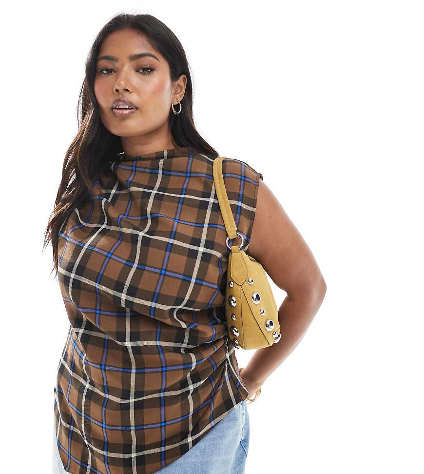 ASOS DESIGN Curve high neck ruched detail sleeveless top in brown check-Multi