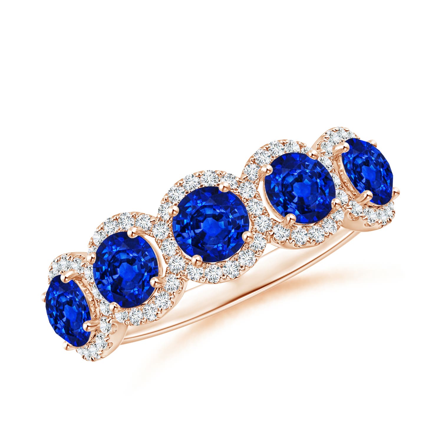 Angara 1.65 Carats Half Eternity Five-Stone Sapphire Halo Ring in 14K Rose Gold