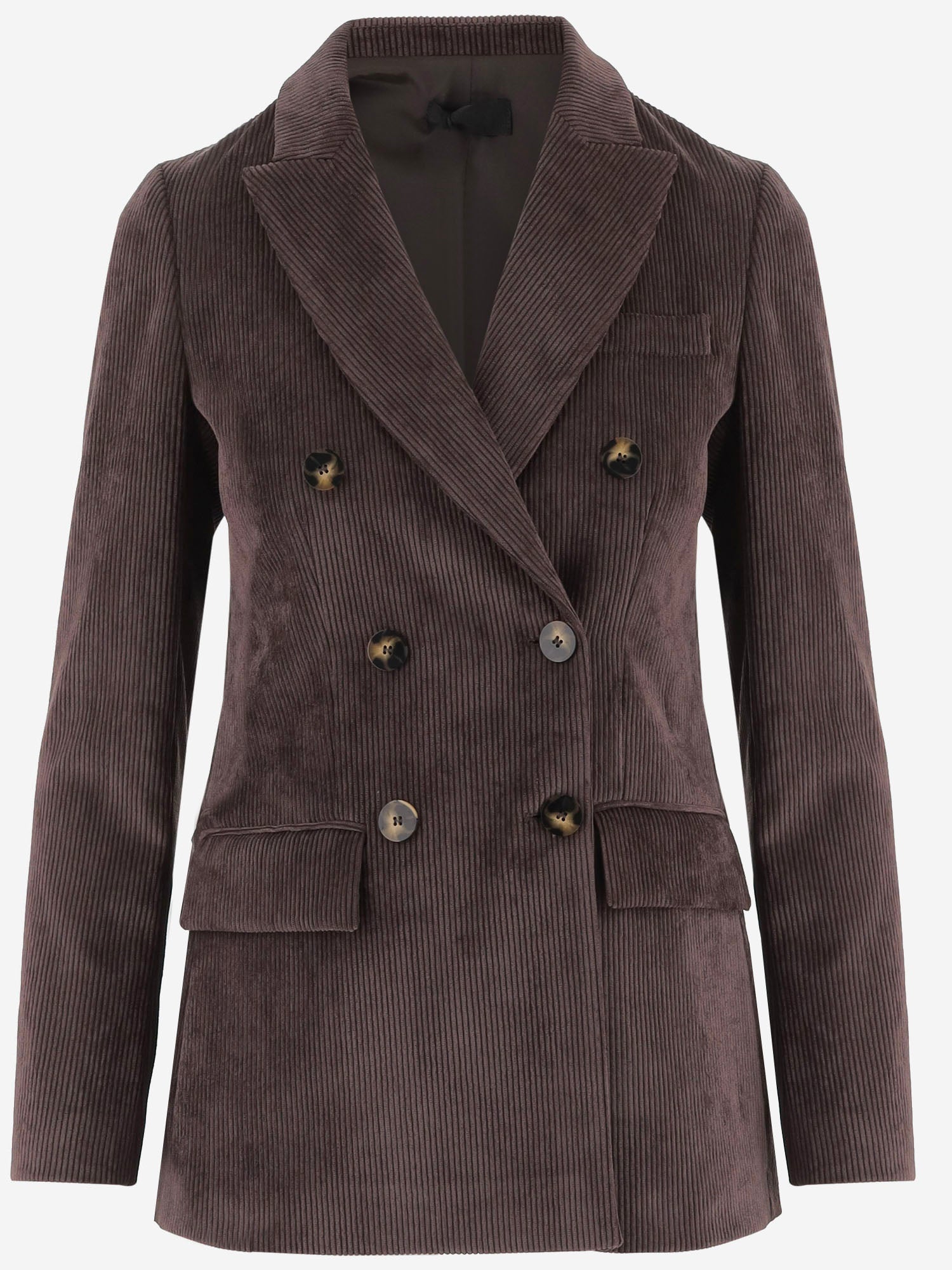 Double-Breasted Stretch Velvet Blazer — Brown
