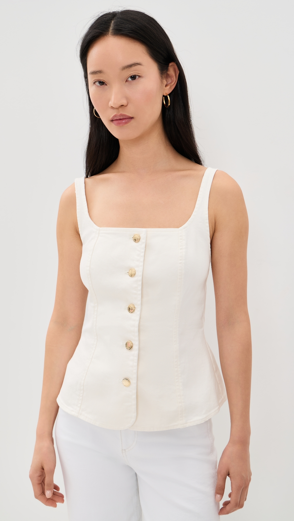 Sleeveless Denim Button Front Top Cotton White