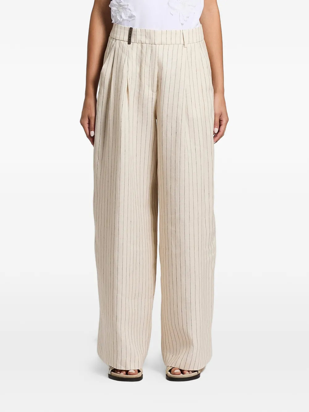 Pinstripe Palazzo Trousers — Beige