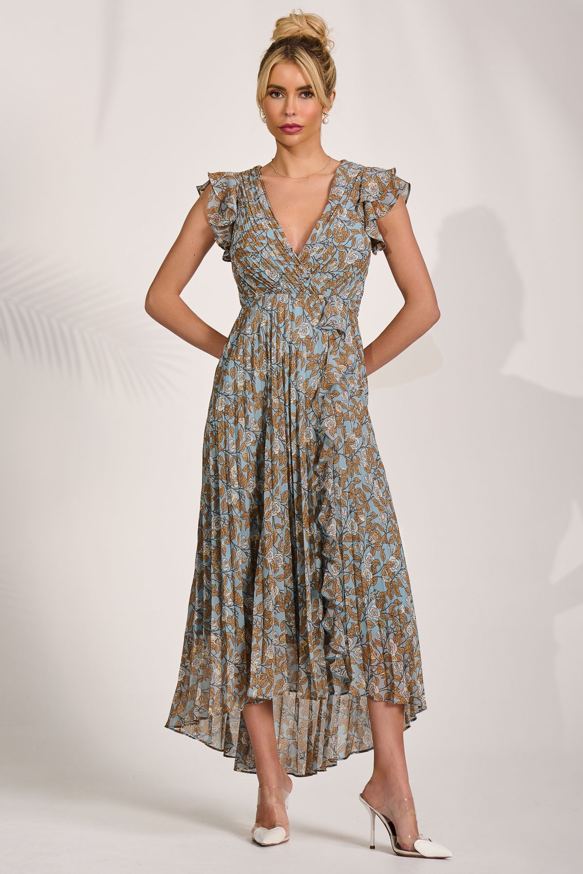 Jolie Moi Pleated Chiffon Dip Hem Maxi Dress In Blue