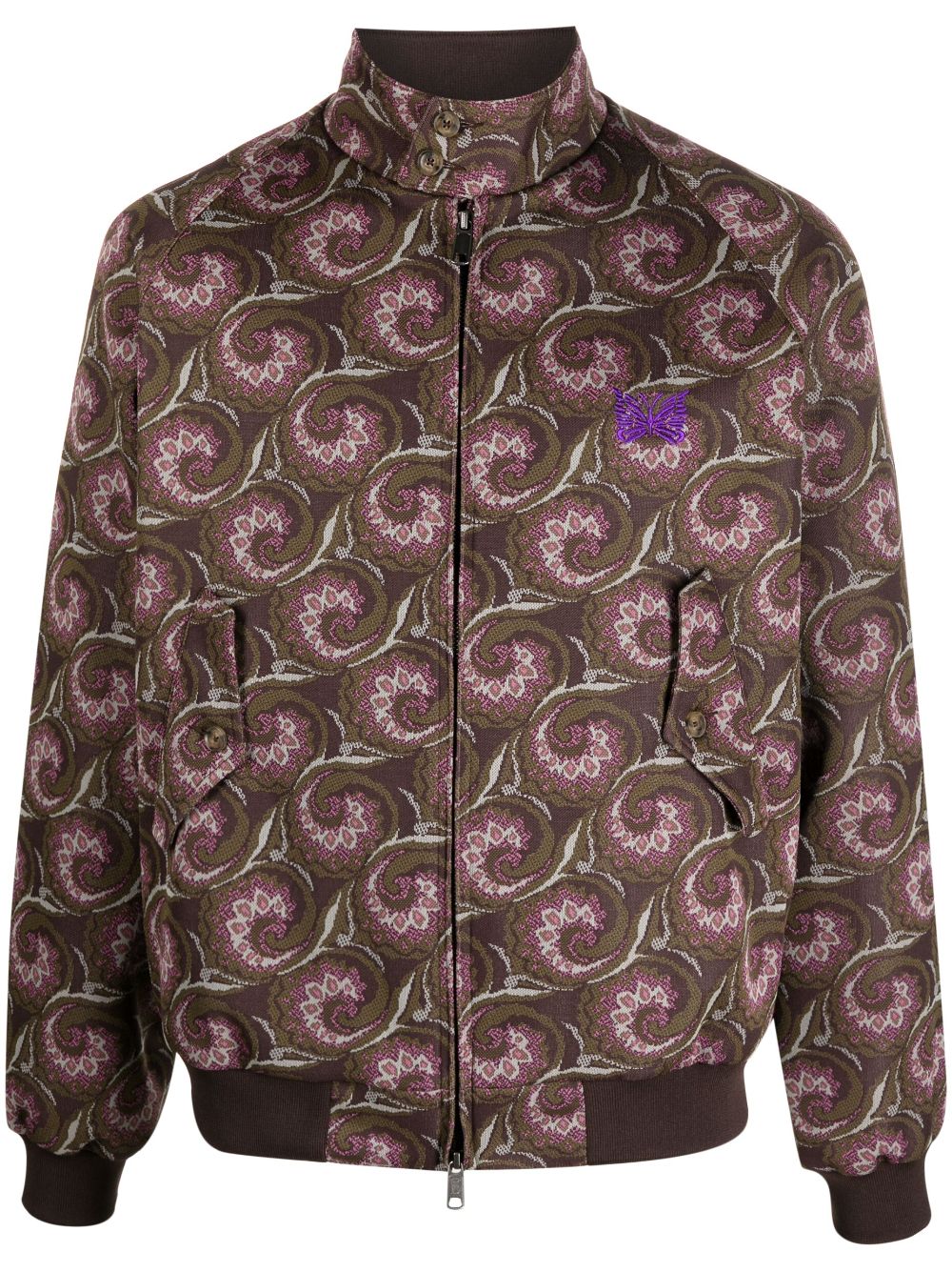 Graphic-pattern funnel neck jacket - Brown
