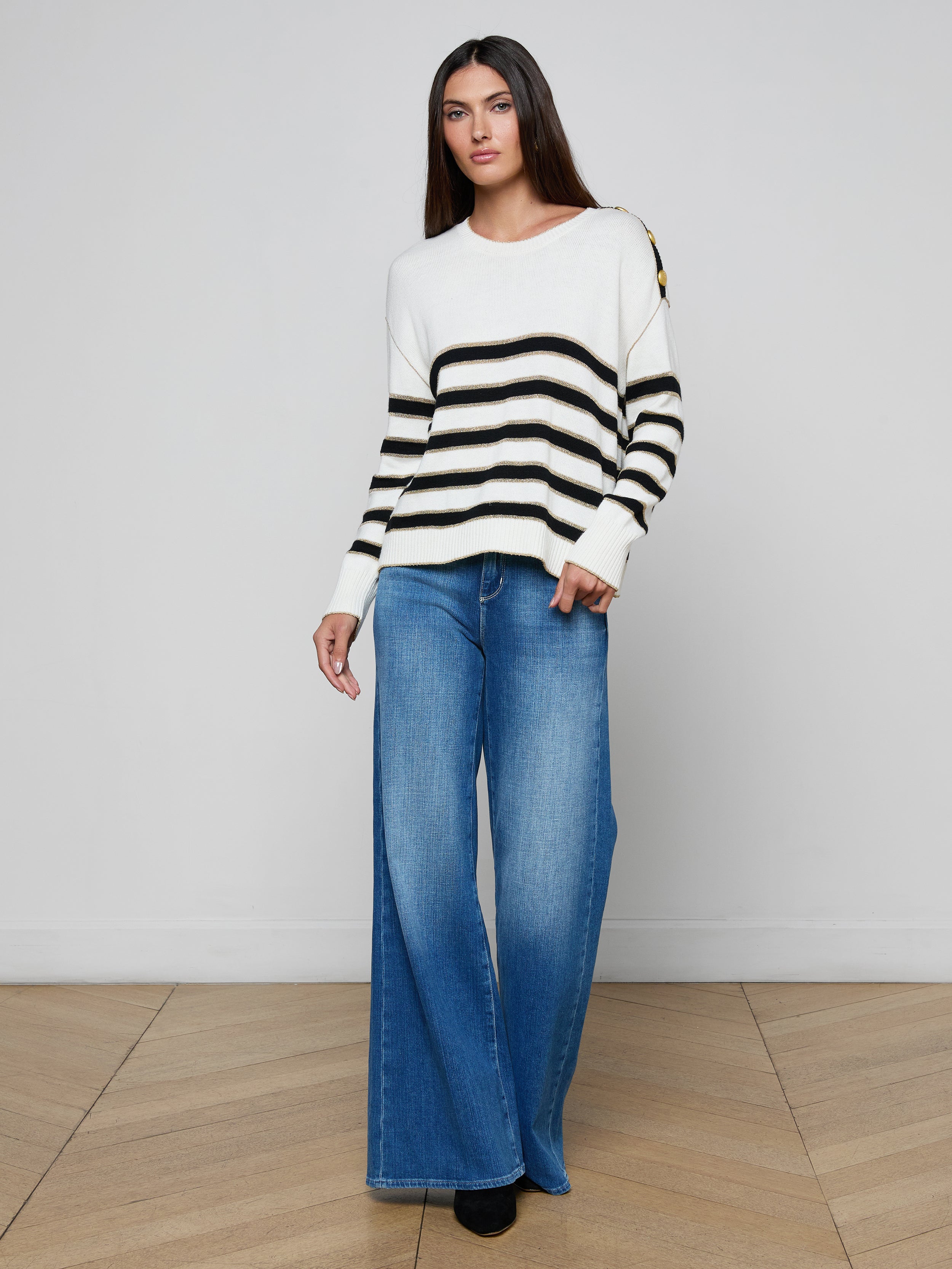 Bishop Striped Sweater In Ivory/black/gold Stripe