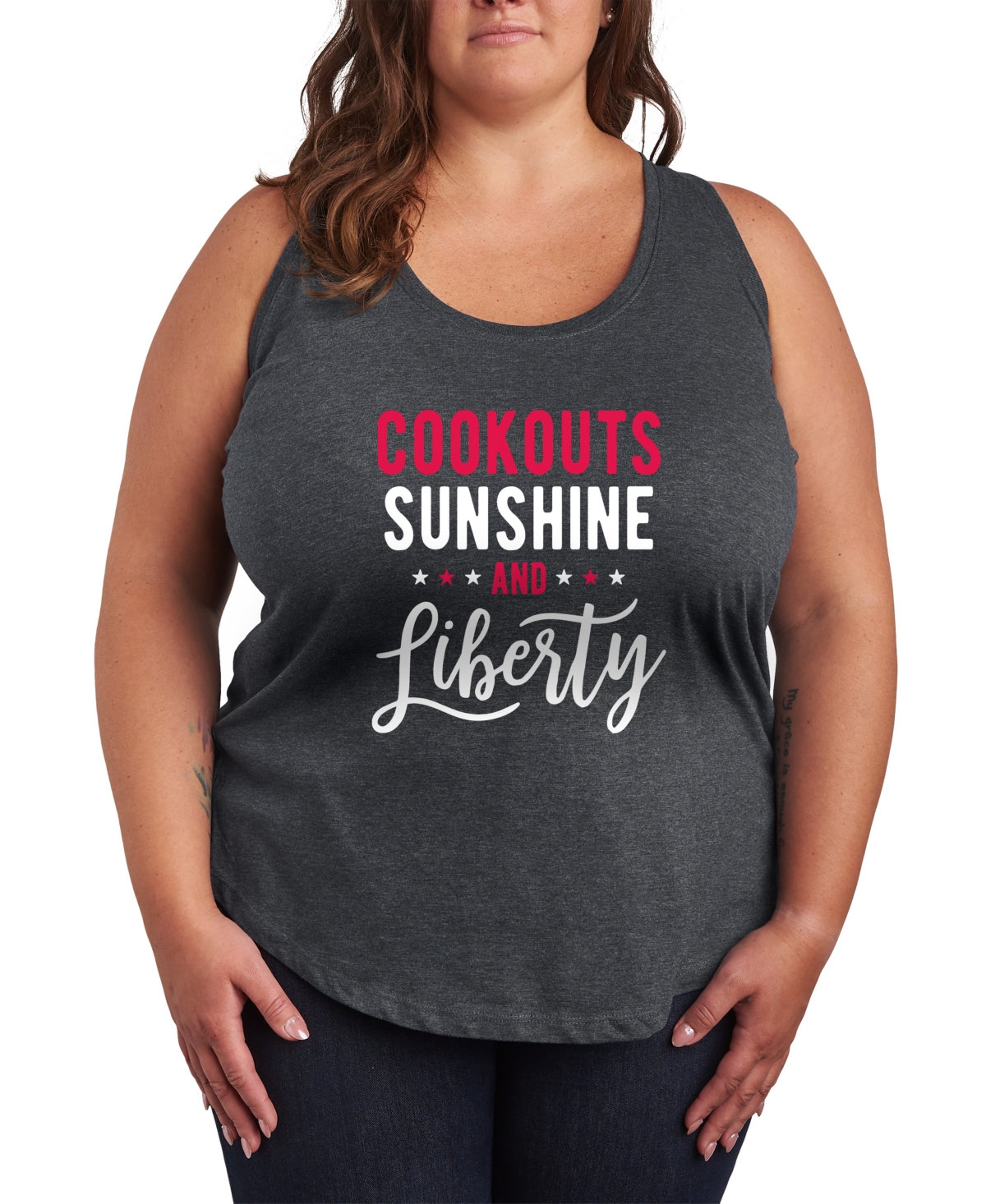 Plus Size Instant Message Cookouts Sunshine and Liberty Racerback Graphic Tank Top - Heather Charcoal
