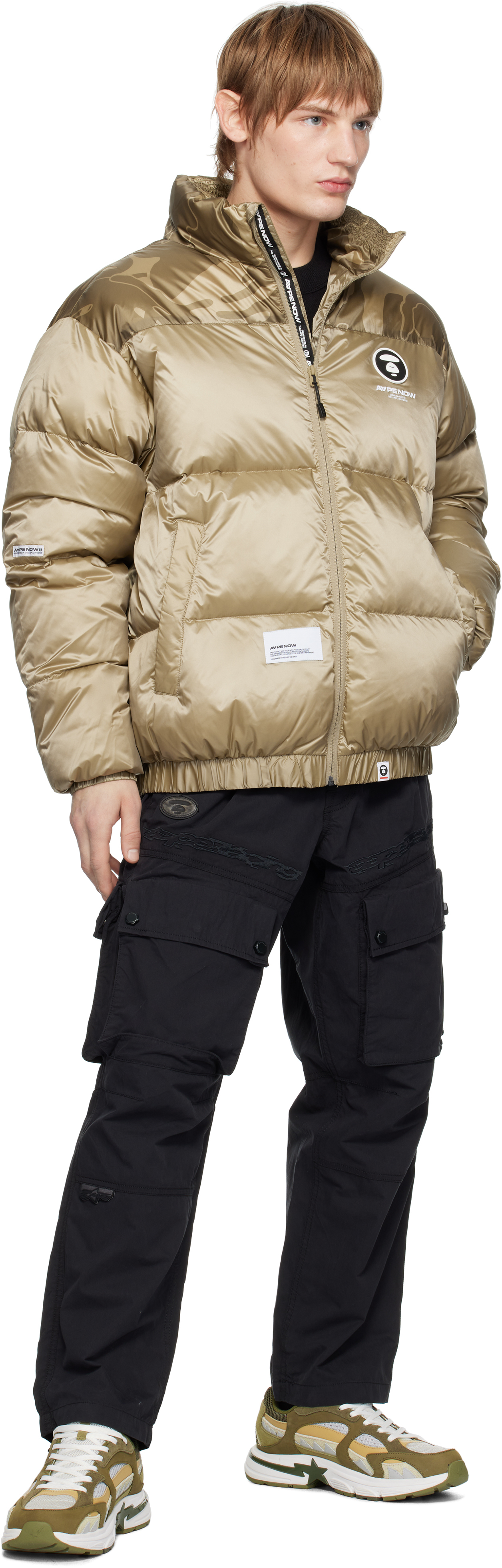 AAPE by A Bathing Ape Beige 'AAPE NOW' Moonface Logo Zip-Up Down Jacket