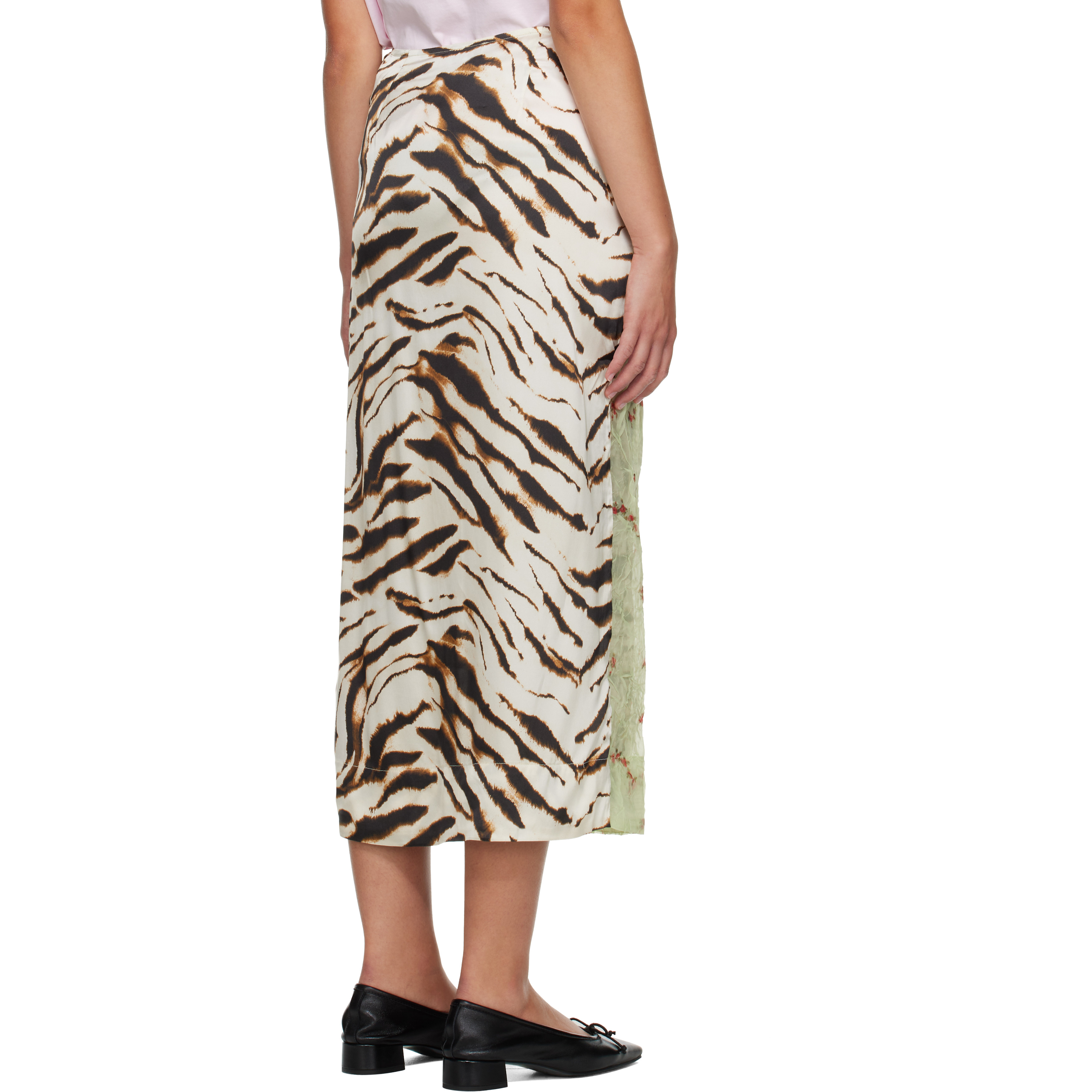 Off-White & Green Shibori Organza Printed Stretch Satin Maxi Skirt