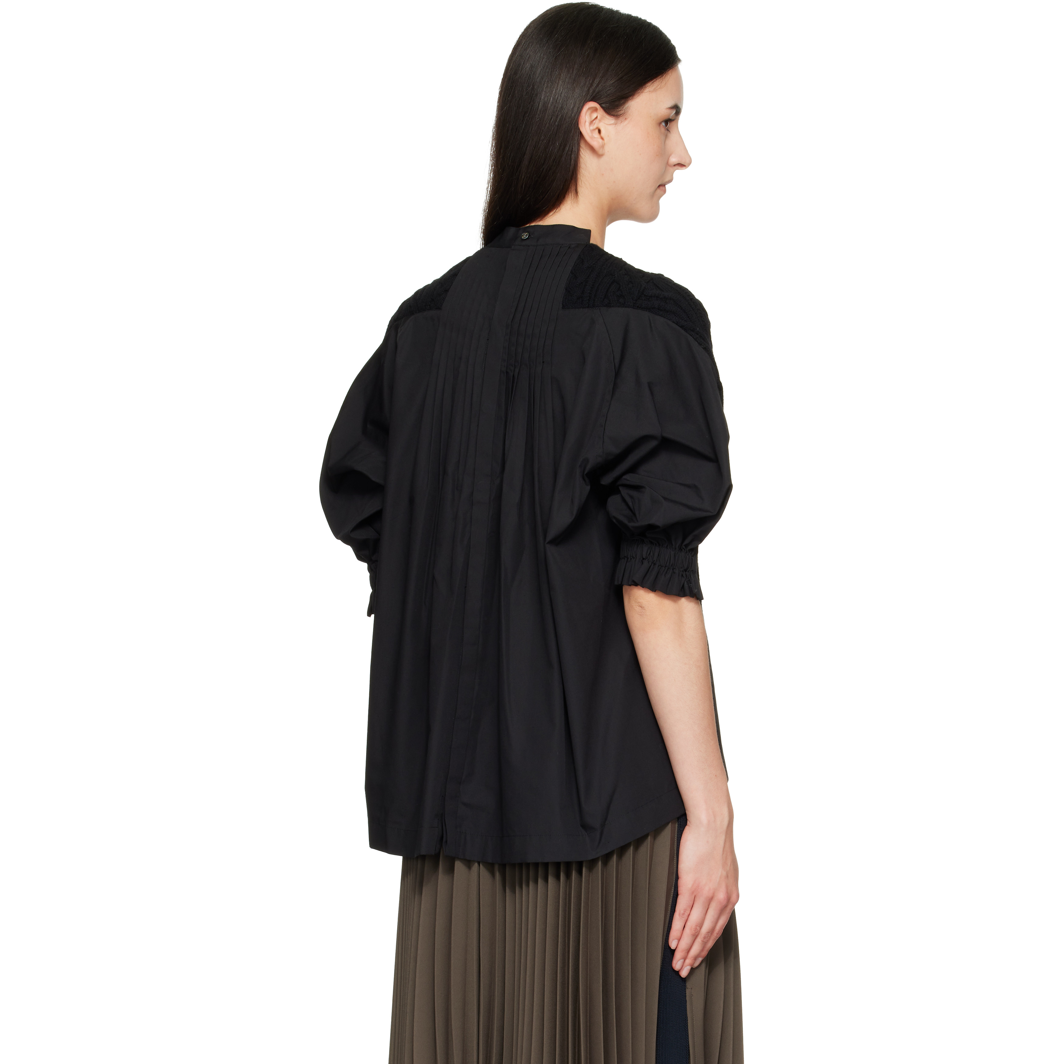 Black Wool Knit x Cotton Poplin Pullover Sweater
