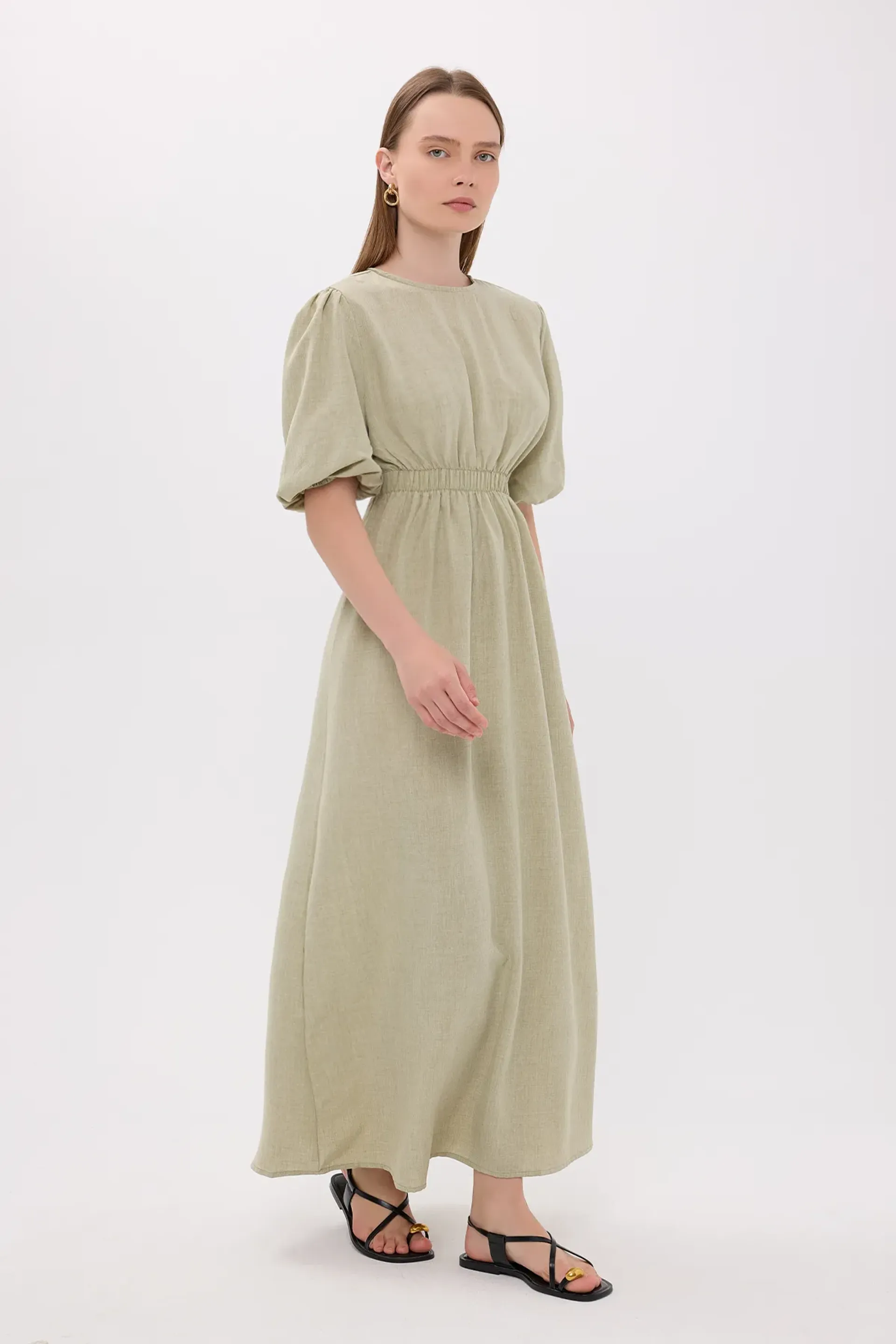 Green Short Sleeve Round Neck Maxi Dress With Back Cut Out Women