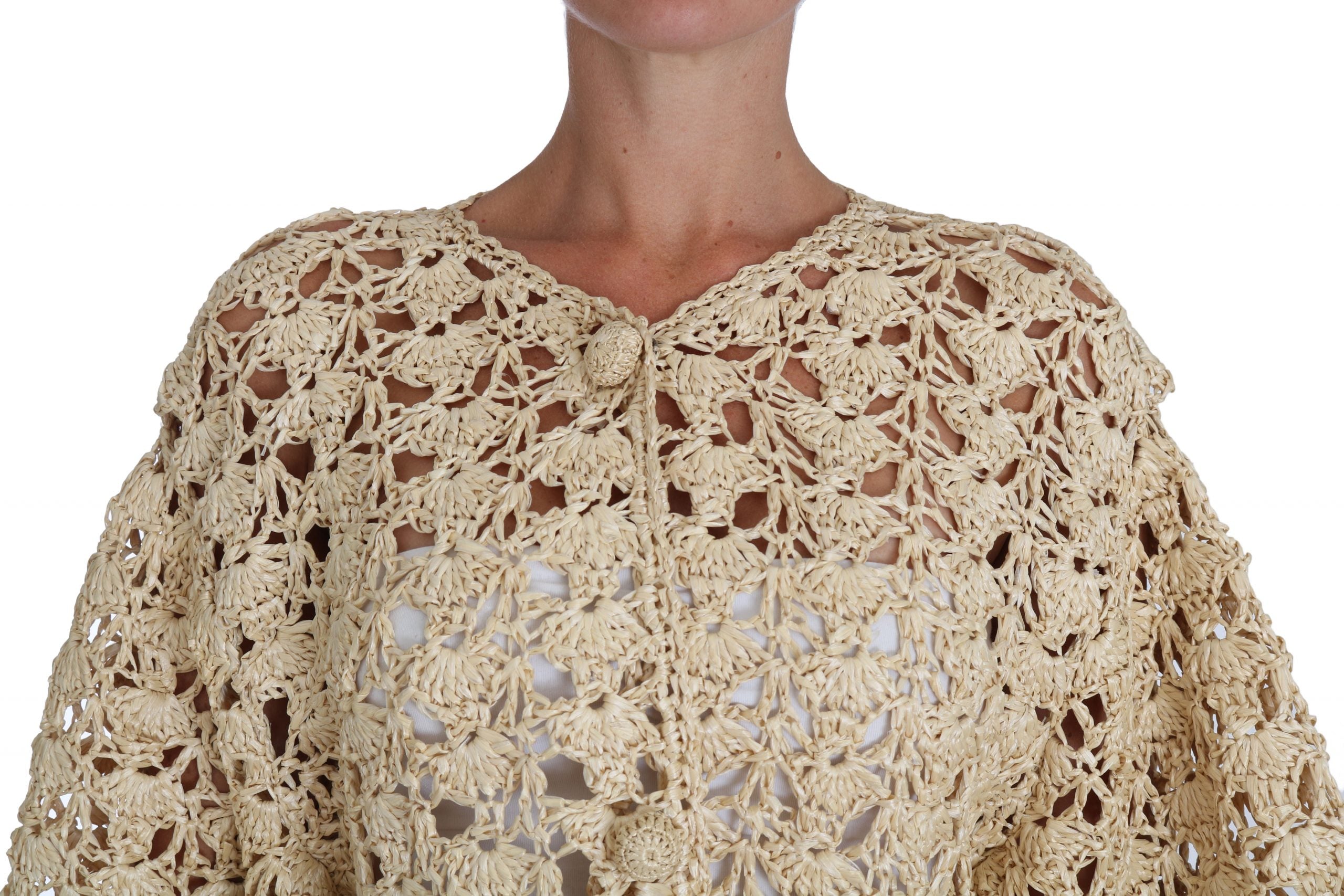 Crochet Knit Raffia Cardigan — Beige