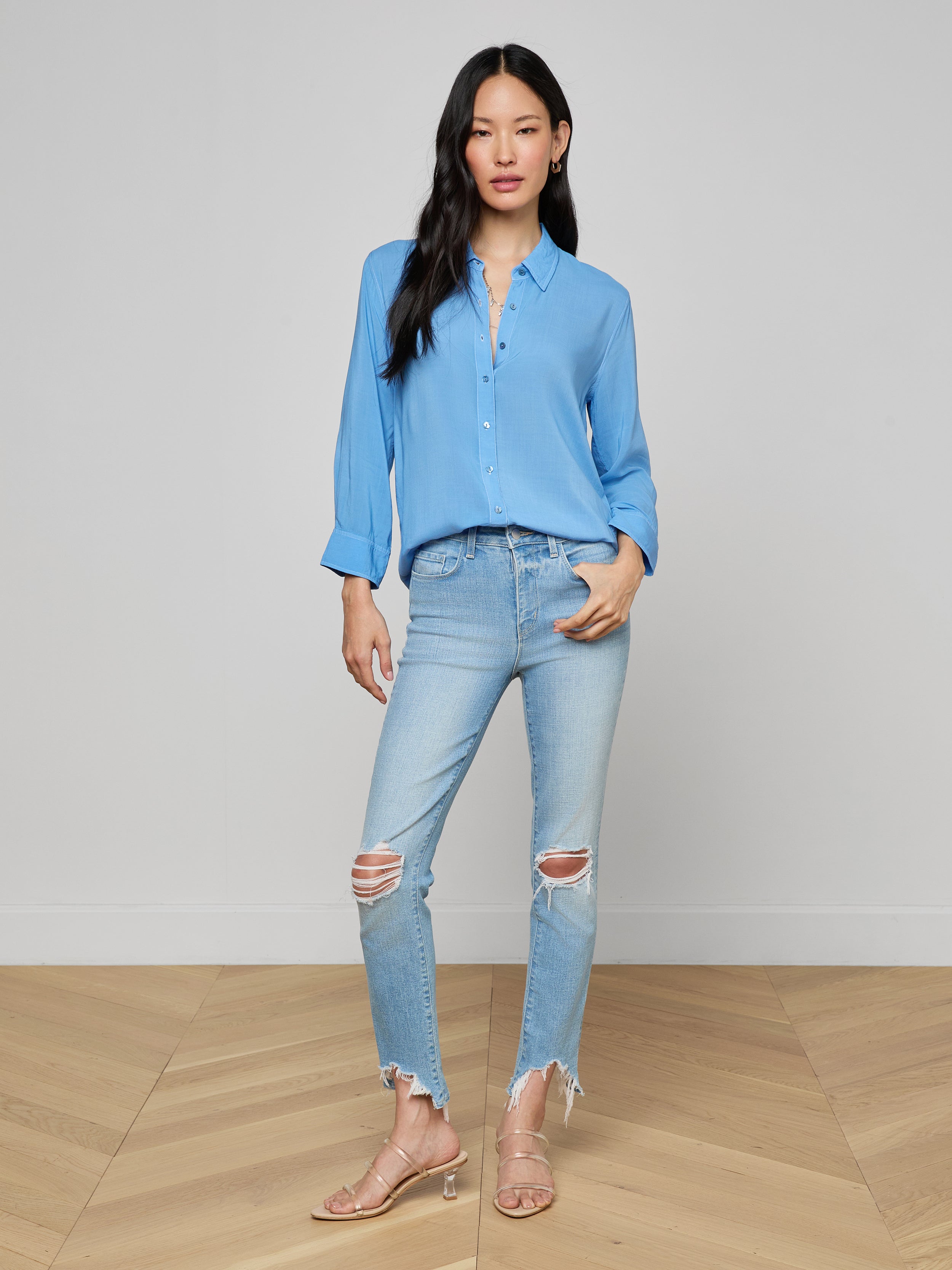 Marlene Blouse Top In Allure Blue/white Contrast