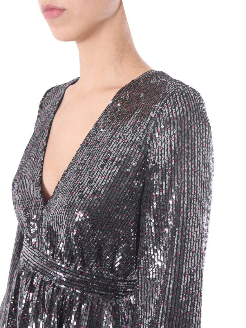 Silver Embellished V Neck Midi Dress