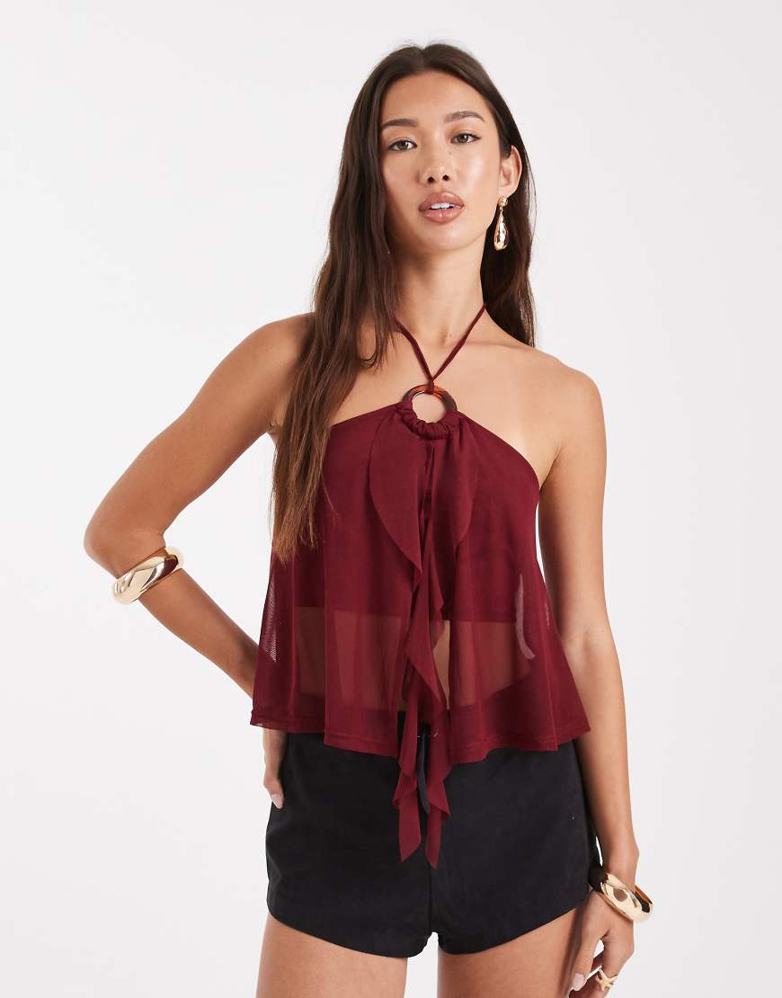 O ring ruffle split front top in burgundy-Red